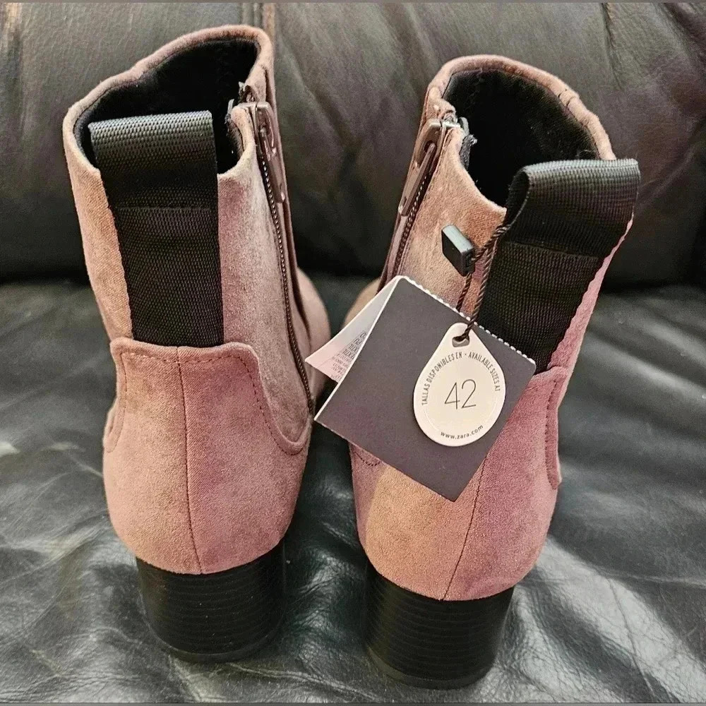 Zara Faux Suede Ankle Booties  Chesnut Size 7 US Zipper NWT - Picture 3 of 9